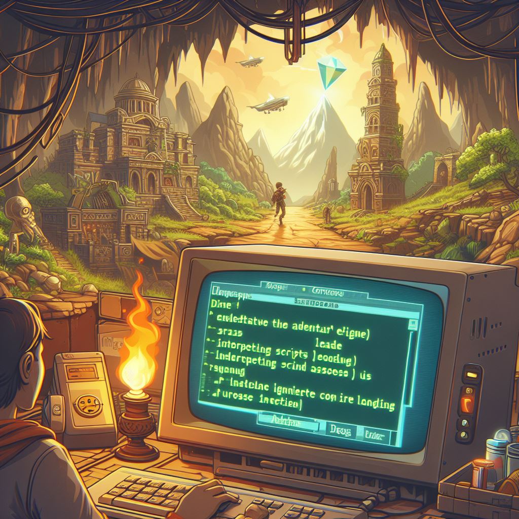 young coder running an adventure game engine and is being immersed into it